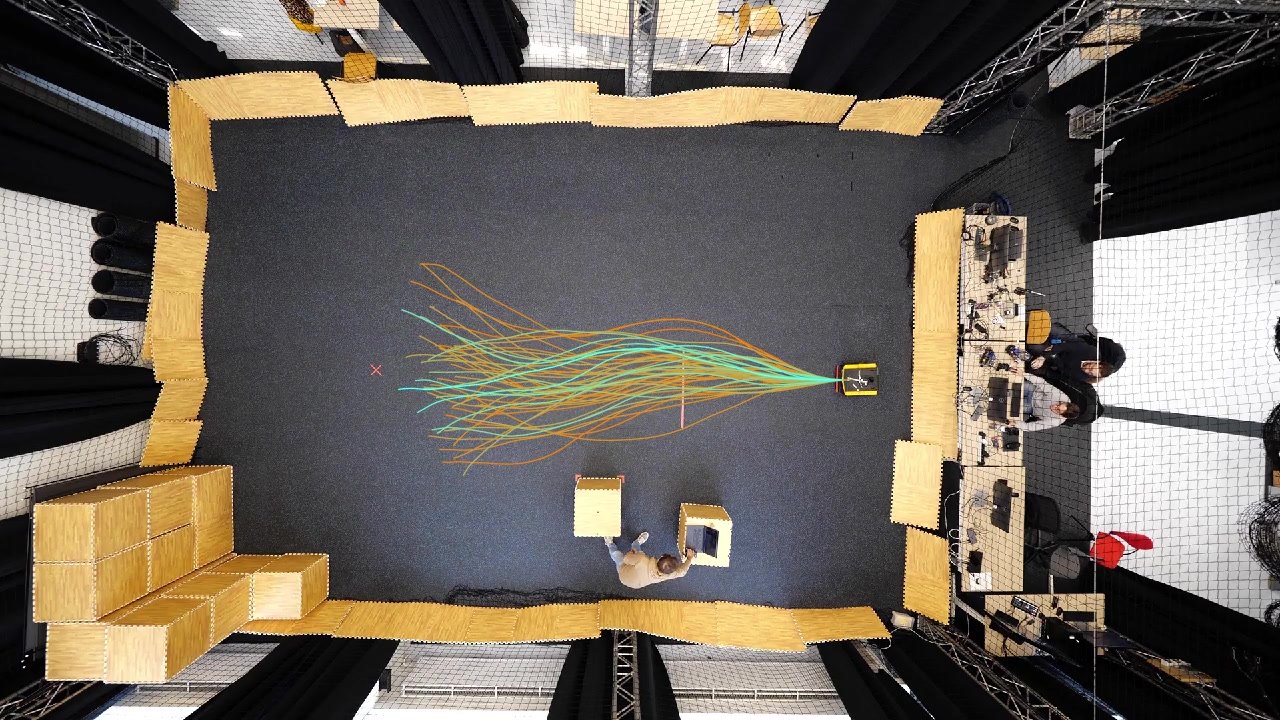 The arena seen from above, with the paths a robot's MPPI planner considers drawn in (photo 5 of 7)